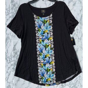 JM Collection XL Black Short-Sleeve Top With Floral Print Rayon/Span Knit